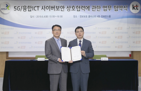 KT는 한국인터넷진흥원과 판교 정보보호 클러스터에서 '5G·융합ICT 사이버보안 강화를 위한 업무협약'을 체결했다고 5일 밝혔다. ⓒKT