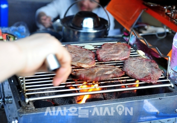 청평 캠핑을 주최한 한돈자조금관리위원회에서 제공한 고기가 그릴 위에서 익어가고 있다 ⓒ  최기영