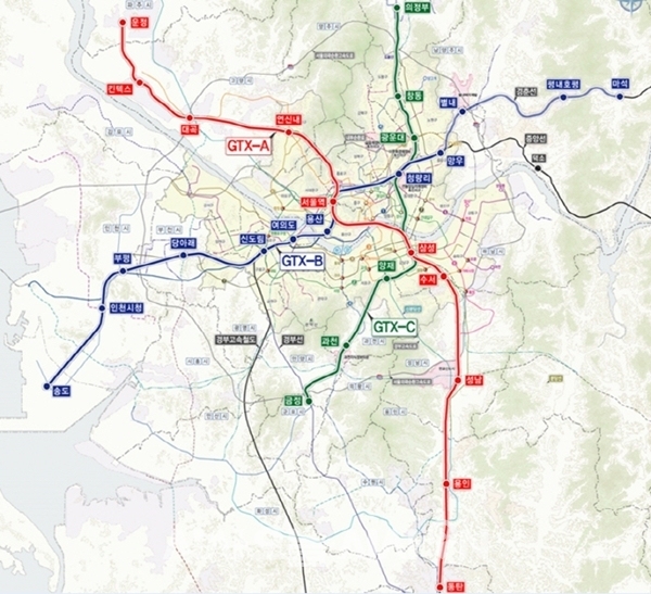 GTX(수도권 광역급행철도)A, B, C노선도 ⓒ 국토교통부