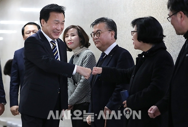 손학규 바른미래당 대표가 17일 오전 서울 여의도 국회의사당에서 열린 최고위원회의에 앞서 당 관계자들과 펀칭 인사를 하고 있다.