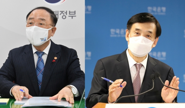 (왼쪽부터) 홍남기 부총리 겸 기획재정부 장관, 이주열 한국은행 총재 ⓒ뉴시스