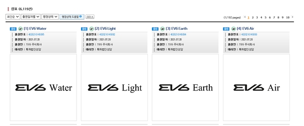 기아는 EV6의 신규 트림명을 특허 출원했다. 출원된 상표는 △EV6 에어(Air) △EV6 어스(Earth) △EV6 라이트(Light) △EV6 워터(Water) 등이다. ⓒ 특허청 갈무리