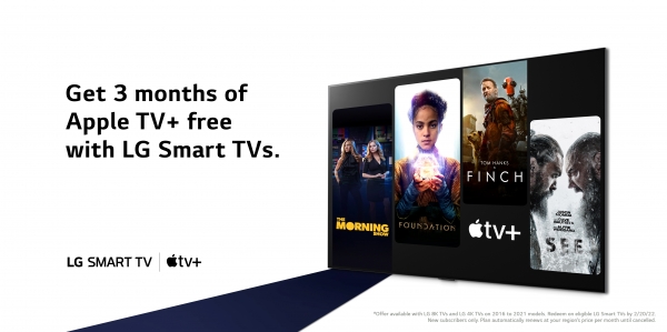 LG전자는 스마트 TV 고객을 대상으로 ‘애플 TV+’ 서비스 3개월 무료 체험 혜택을 제공한다고 2일 밝혔다. ⓒLG전자