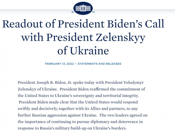  -2월 13일 백악관 성명서 "러시아가 침략할 시 미국, 신속하게 단호 대응하겠다고 확언"ⓒ백악관
